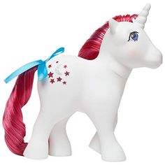 a white toy horse with red hair and stars on it's tail, standing in front of a white background