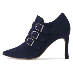 TAAFO Navy Buckle Boots Pointy Toe Stiletto Heel Vegan Suede Ankle Boots US 3 / EU 33-Navy Cowboy Shoes, Dance Heels, Boots Square Toe, Suede Boots Knee High, Buckle Boots, Wedge Boots, Suede Ankle Boots, Stiletto Heel, Knee High Boots