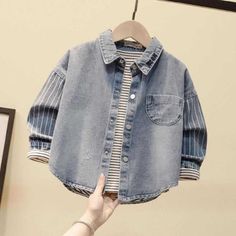 Boys Stitching Stripes Cardigan Cowboy Jacket Boys Wholesale - PrettyKid Cute Long Sleeve Denim Blue Outerwear, Casual Long Sleeve Outerwear For Playtime, Cute Denim Blue Outerwear For Fall, Cute Denim Blue Fall Outerwear, Denim Long Sleeve Outerwear For Playtime, Boys Denim Shirt, Cowboy Jacket, Baby Boy Shirts, Corporate Wear