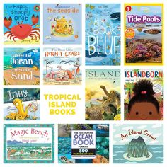 several children's books are shown with the title tropical island books written in different languages