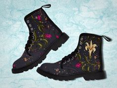 Purple lace up boots with baroque floral print lily flower | Etsy Gothic High-top Boots For Spring, Gothic Spring Boots With Round Toe, Gothic Round Toe Boots For Spring, Boots For Teenage Girl, Combat Heel Boots, Baroque Floral, Women Ankle Boots, Canvas Boots