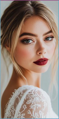 a woman with long blonde hair and blue eyes is wearing a white lace dress, red lipstick