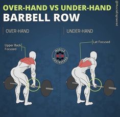 an image of a man doing barbell rows with the text over - hand vs under - hand