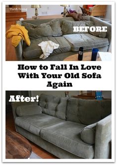 before and after photos of an old sofa