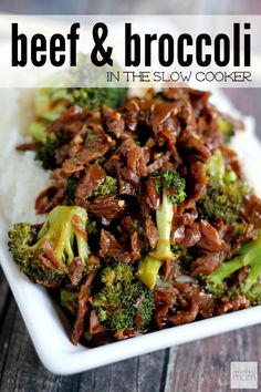 beef and broccoli in the slow cooker on a white plate with rice