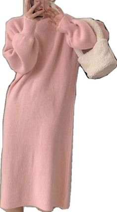 Pink Solid Color Dress For Fall, Long Solid Color Sweater Dress For Spring, Spring Long Solid Color Sweater Dress, Non-stretch Long Sweater Dress, Pink Ribbed Sweater Dress, Winter Pink Midi-length Dress, Pink Long Sleeve Ribbed Dress, Pink Midi-length Winter Dress, Pink Ribbed Long Sleeve Dress