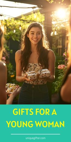 a young woman holding some food in her hands with the words gifts for a young woman