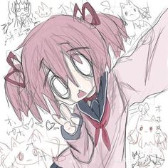 a drawing of a girl with pink hair and glasses holding her hand up in the air