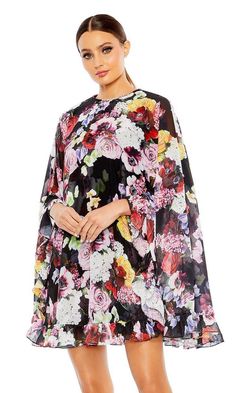 Short high neck floral print long cape sleeve party dress. Spring Evening Cape Dress, Floral Print Wedding Dress With Cape Sleeves, Wedding Dress With Floral Print And Cape Sleeves, Floral Print Dress With Cape Sleeves For Party, Formal Cape With Cape Sleeves For Spring, Spring Long Sleeve Cape For Evening, Long Sleeve Spring Cape For Evening, Spring Evening Long Sleeve Cape, Long Sleeve Cape For Spring Evening