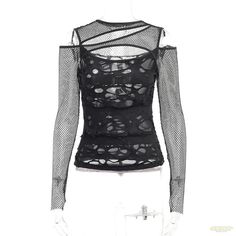 Maramalive™ Dark Gothic Grid Hole Long Sleeve T-shirt Women Punk E-girls Strapless Grunge Y2K Clothes Rave Tops, New Personality, Top Girl, Women's Wear, Mesh