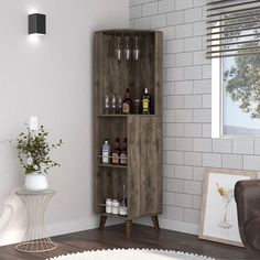 a wooden cabinet sitting in the corner of a living room