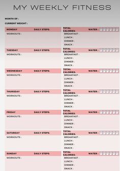 a printable workout schedule with the words'my weekly fitness'in pink and white