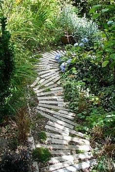 a stone path in the middle of some bushes