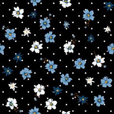 blue and white flowers on black background with polka doting in the center, all over print