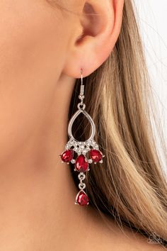 A solitaire red teardrop rhinestone sways from the bottom of a fan of red rhinestone teardrops that flares out from a white rhinestone floral accent at the bottom of an airy silver frame, resulting in a modern chandelier. Earring attaches to a standard fishhook fitting.

 Sold as one pair of earrings. Paparazzi Jewelry Images, Chandelier Earring, Formal Earrings, Brown Bracelet, Mixed Metal Jewelry, Paparazzi Accessories, White Necklace, Red Earrings, White Rhinestone