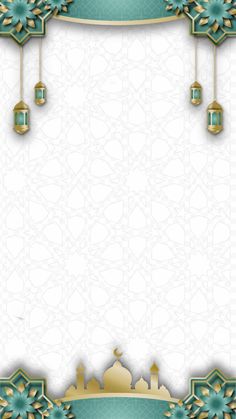 an ornate background with gold and green ornaments on the edges, in shades of blue