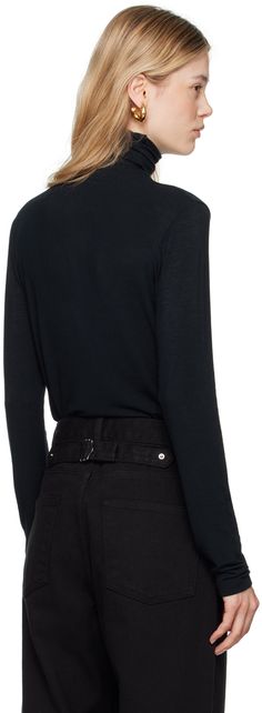 Semi-sheer stretch viscose- and wool-blend jersey turtleneck. Raw edge at collar. Supplier color: Navy Fine Knit Turtleneck For Workwear, Sheer Turtleneck, Jersey Turtleneck, Raw Edge, Wool Blend, Women Wear, Turtle Neck, Wool, Navy