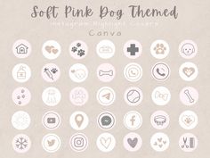 a set of pink and white icons on a gray background with the words soft pink dog theme