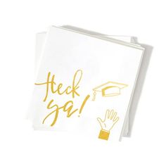 two napkins with hand prints on them and the words'peek go'written in gold ink