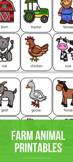 farm animal printables for kids to practice their english and spanish words with pictures