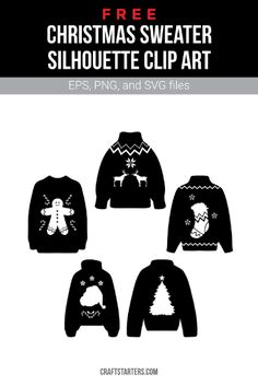 the christmas sweater silhouette clip art is shown in black and white, with different designs