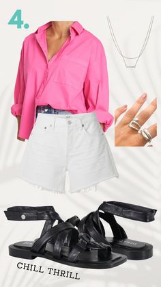 casual outfit, summer outfit, pink shirt outfit, white shorts outfit, black sandals, black sandals outfit, collared shirt, button up shirt, business casual outfit, relaxed, quite luxury, quiet welth, The perfect flat sandal for a relaxing day or following an eventful evening as you wind down to chill has arrived. Slip on this simple sandal covered with leather straps that criss-cross along the foot for maximum style. Relaxed and carefree is the way to be, Sheep Leather, Padded Insole, comfort Black Sandals Outfit, Button Up Outfit, Pink Shirt Outfit, Quite Luxury, White Shorts Outfit, Spring 23, Simple Sandals, Shirt Business, Outfit Pink