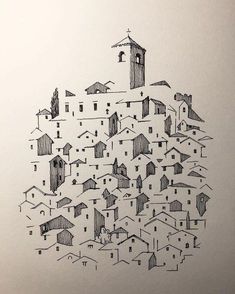 an ink drawing of houses on top of a hill with a clock tower in the middle