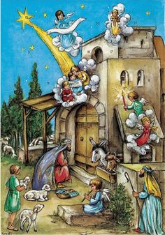 the nativity scene is depicted in this children's christmas card with angels and sheeps