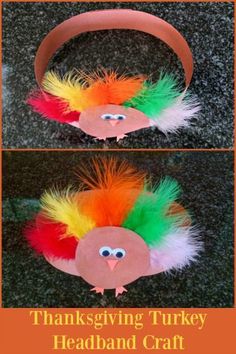 the turkey headband craft is made with construction paper, feathers and glue it's easy to make