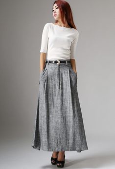 The modern design of this Gray linen maxi skirt is a must have for any woman's wardrobe. The slim sihouette makes it a ferfect choice for a girl's lunch meeting or simply to wear ate the office or at work. Complette the look with a simple white t-shirt or sleeveless tank top This summer skirt is a classic piece of tailoring that will see you through rain or shine. It is cut with a flattering gently flared skirt to give you a wonderful silhouette. The all-seasons skirt is perfect classic styling A Line Maxi Skirt, Custom Skirt, Long Linen Skirt, Ladies Skirts, Skirt Linen, Skirts Summer, Tailored Clothes, Skirt Long, Maxi Skirts