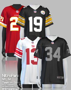 three different nfl jerseys with numbers on them