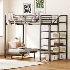 a loft bed with a desk underneath it in the corner of a room next to a window