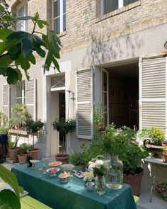 a green table covered with food and plants in front of a brick building on a sunny day