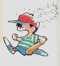 a drawing of a boy with a baseball bat in his hand and the words jesus on it