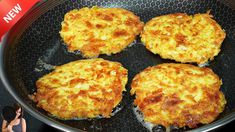 four crab cakes cooking in a frying pan on top of a stove burner