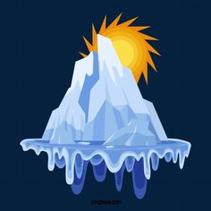 an iceberg with melting water and the sun shining on it's face, in front of a dark blue background