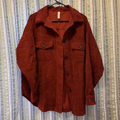 Oversized Corduroy Shirt/ Jacket, Shacket In Size Small But Fits Up To Size 10 With No Problem Buttoning It. Beautiful Rust Color. New In Packaging. I Accidentally Bought Two! The One I’m Wearing Is Mine. This Is Brand New. Red Relaxed Fit Long Sleeve Outerwear, Trendy Oversized Red Outerwear, Oversized Red Outerwear With Buttons, Red Oversized Outerwear With Buttons, Oversized Red Outerwear With Pockets, Red Oversized Outerwear With Pockets, Red Long Sleeve Shacket For Fall, Casual Red Outerwear With Lapel Collar, Red Oversized Outerwear For Fall