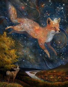 a painting of a fox and a deer in the night sky