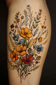 a woman's thigh with flowers and leaves painted on the side of her leg