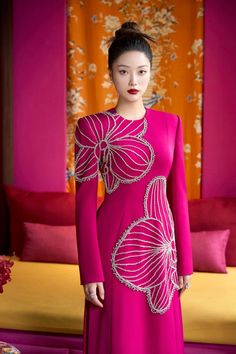 Shimmer A-line Round Neck Velvet Satin Floor Length Ao Dai | MEAN BLVD Beaded Clothes, English Dress, Hand Embroidery Dress, Cute Short Dresses, Mean Blvd, Velvet Texture, Beautiful Dress Designs, Womenswear Fashion, Party Wear Indian Dresses