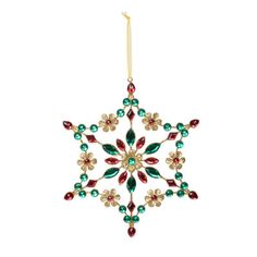 a christmas ornament hanging from a string on a white background with red, green and