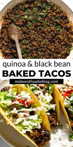 two tacos with black beans and shredded lettuce on top in a white bowl