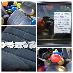 several pictures of the inside of a car with balls in it and a note attached to the front seat