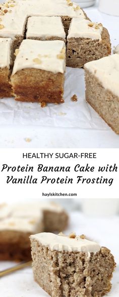 healthy sugar - free protein banana cake with vanilla frosting is an easy dessert recipe