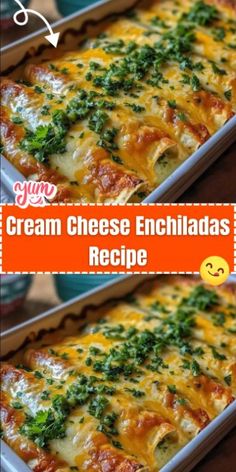 two photos of a cheesy enchiladas recipe