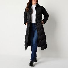 This winter choose the St. John's Bay women's heavyweight puffer jacket for all your outdoor adventures. Featuring an insulated design with a hood, long sleeves, and front slip pockets, this long padded jacket offers exceptional warmth and comfort. Wear it over dresses, denim or activewear.Closure Type: Snap & ZipperFit: Regular FitNeckline: Hooded NeckPockets: 2 Side Slip PocketsSleeve Length: Long SleeveWarmth Factor: HeavyweightApparel Length: 49 InchesOuterwear Length: LongFiber Content: 10… Fall Workwear Puffer Jacket With Button Closure, Fitted Long Sleeve Puffer Jacket For Work, Fitted Puffer Jacket For Fall Workwear, Winter Fitted Quilted Jacket With Button Closure, Fitted Quilted Winter Jacket With Button Closure, Fitted Quilted Jacket With Button Closure For Winter, Black Winter Coat Women, Womens Winter Coat, Long Winter Coats Women