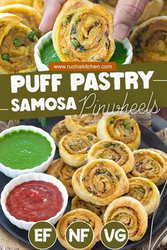 puff pastry samosa pinwheels on a plate with dipping sauce in the middle