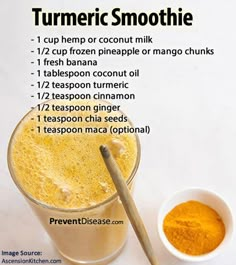 the ingredients for turmic smoothie are shown in this image, including orange juice and cinnamon