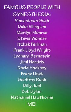 the names of famous people with synethesia on them in purple, green and blue