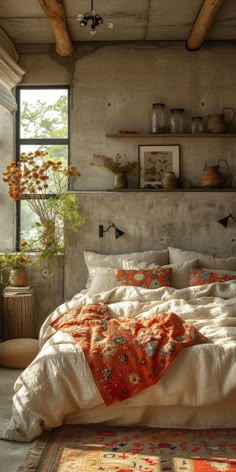 a bed sitting in a bedroom next to a window with lots of plants on top of it